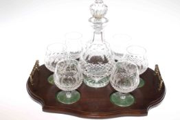 Waterford crystal decanter with six brandy goblets and associated mahogany and brass tray