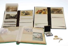 Three postcard albums, coins, watches,