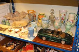 Glass bowl and decanter, various pottery jugs and vases, model car,