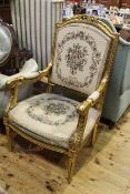 Pair French gilt fauteuils in tapestry fabric