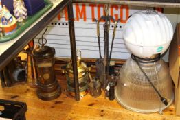 Fire tools, brass ships lamp, copper jug, cinema sign,