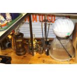 Fire tools, brass ships lamp, copper jug, cinema sign,