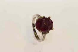 18 carat gold, carved ruby and diamond shoulder ring,