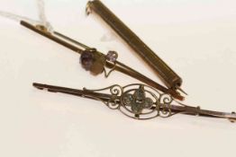 Two Edwardian gold bar brooches and a gold tooth pick (3)