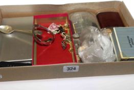 Silver spoon, coins, hip flask,