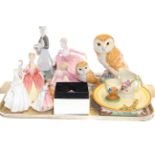 Clarice Cliff 'Sunshine' plate, three Royal Doulton figures, two Coalport figures, two Beswick owls,
