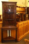 Pine shelf back dresser and mahogany glazed door corner cabinet on stand (2)