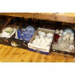 Four boxes with old and modern Ringtons caddies, tea china, commemoratives, glass,