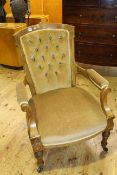 Victorian walnut and satinwood inlaid open armchair on turned legs
