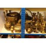 Collection of brassware including jam pans, candlesticks, planters,
