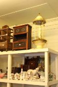 Walnut wall cabinet, print, wood carving, figurines, teaware, Victorian glass vases, Canterbury,