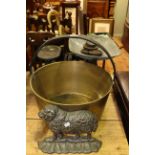 Large brass jam pan, sheep door stop, potato scales,