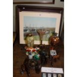 Pair of modern oil paintings and watercolour, cloisonne vase, cow creamer, wood carvings,