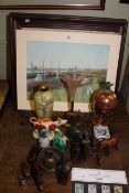 Pair of modern oil paintings and watercolour, cloisonne vase, cow creamer, wood carvings,