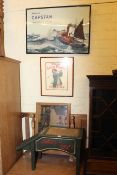 Victorian oak hall chair, mahogany plant stand, standard lamp, barometer, shoe shine stool,