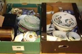 Two boxes of Portmeirion, Maling biscuit barrel, mantel clock, Wedgwood coffee cans and saucers,