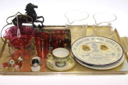 Ox Roast and two Wedgwood Beatrix Potter plates, three pieces of cranberry glass, quill box,