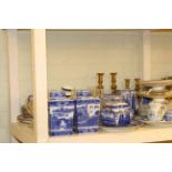 Ringtons blue and white ware, pair of tazzas, plates, glasses, brass candlesticks,