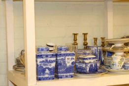 Ringtons blue and white ware, pair of tazzas, plates, glasses, brass candlesticks,