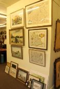 Collection of pictures including watercolours, map prints,