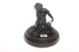 Bronze model of child with satchel on marble plinth