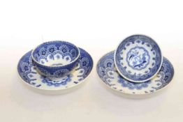 Pair antique blue and white tea bowls and saucers
