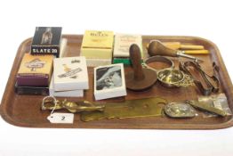 Playing cards and collectables including silver ingot on chain, bottle opener, darning mushroom,