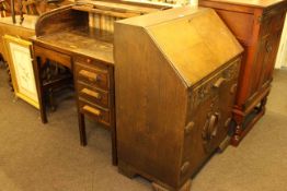Oak single pedestal roll top desk and carved oak bureau (2)