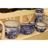 Collection of blue and white including stick stand, three jardinieres,