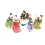 Five Royal Doulton figurines including The Old Balloon Seller and Florence