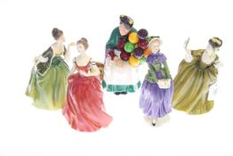 Five Royal Doulton figurines including The Old Balloon Seller and Florence