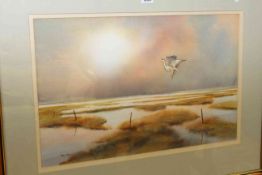 Ken Tidd, Heron in Flight, watercolour, signed lower left, 34cm by 54cm,