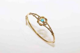 Victorian 18 carat gold, turquoise and pearl bangle, 14 grams,