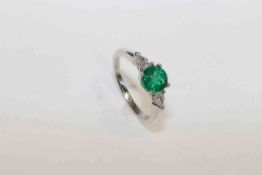 18 carat gold, round emerald and pear-shaped diamond ring, emerald approximately 1.
