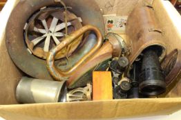 Collection of WWII memorabilia including binoculars, helmet, bugle,