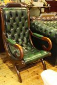 Green leather deep buttoned scroll armchair