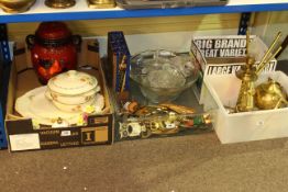 Three boxes of brassware, glass, china, corkscrews,