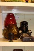 Spice box, treen jar, pottery spaniel, pair of Staffordshire lions,