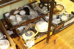 Two boxes of teaware, warming pan, wood planes,