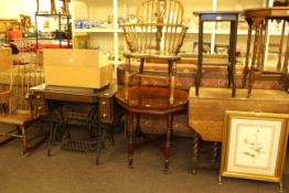 Antique Windsor elbow chair, oak gate leg dining table, three occasional tables,
