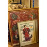 Three embroidered needlework pictures and six Past Time collectors plates