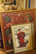 Three embroidered needlework pictures and six Past Time collectors plates