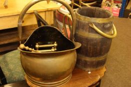 Brass and oak copper coal barrel,