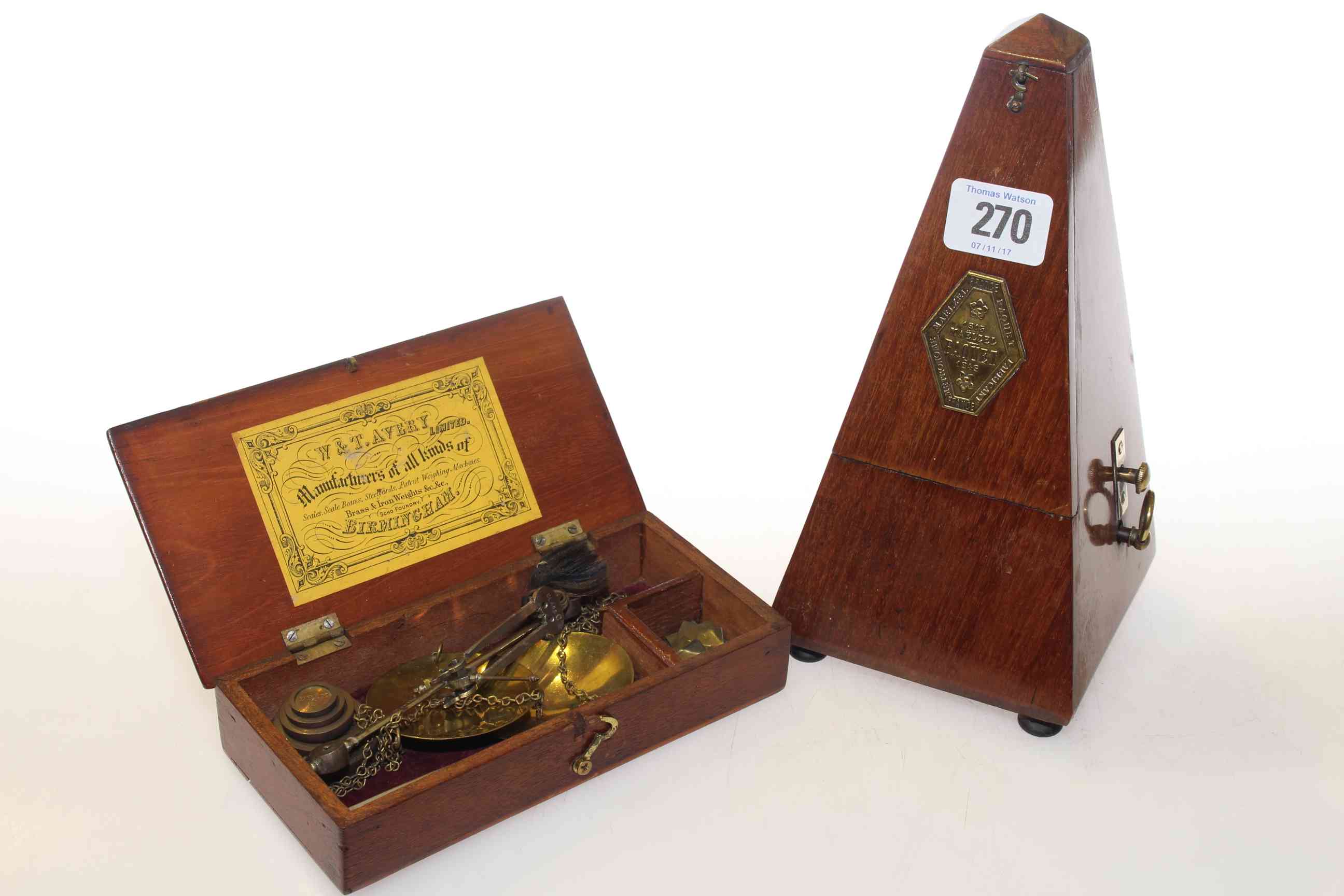 Paquet metronome and W & T Avery scales with troy weights (2)