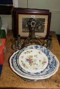 Three pictures, pair of wall lights, Delft plate, silver plated tray,