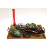 Seven pieces of coloured glass including large fish, Murano diamond shaped bowl,