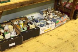 Five boxes of Masons, Wedgwood, Royal Doulton, Beswick and other china, mantel clock and others,