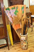 Oriental pottery stick stand, walking sticks, brolly,
