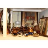 Copper lustre jugs, pictures, mirror, warming pan,