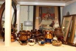 Copper lustre jugs, pictures, mirror, warming pan,